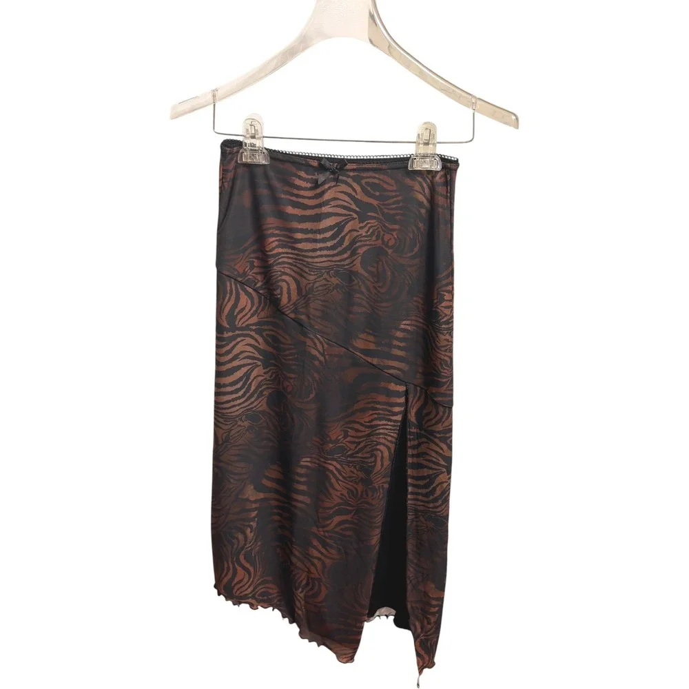 Brown Tiger Print Mesh Midi Skirt Asymmetrical Lettuce Hem Side Slit Bow Trim